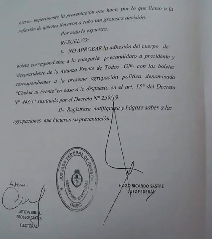 La justicia electoral no autorizó que la boleta de Chubut al Frente vaya adherida a la de Alberto y Cristina