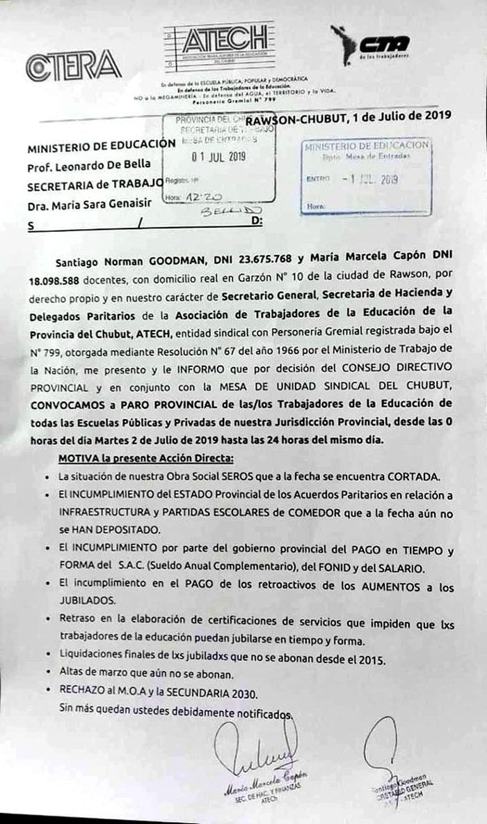 ATECH también decretó el paro, pero sólo por 24 horas