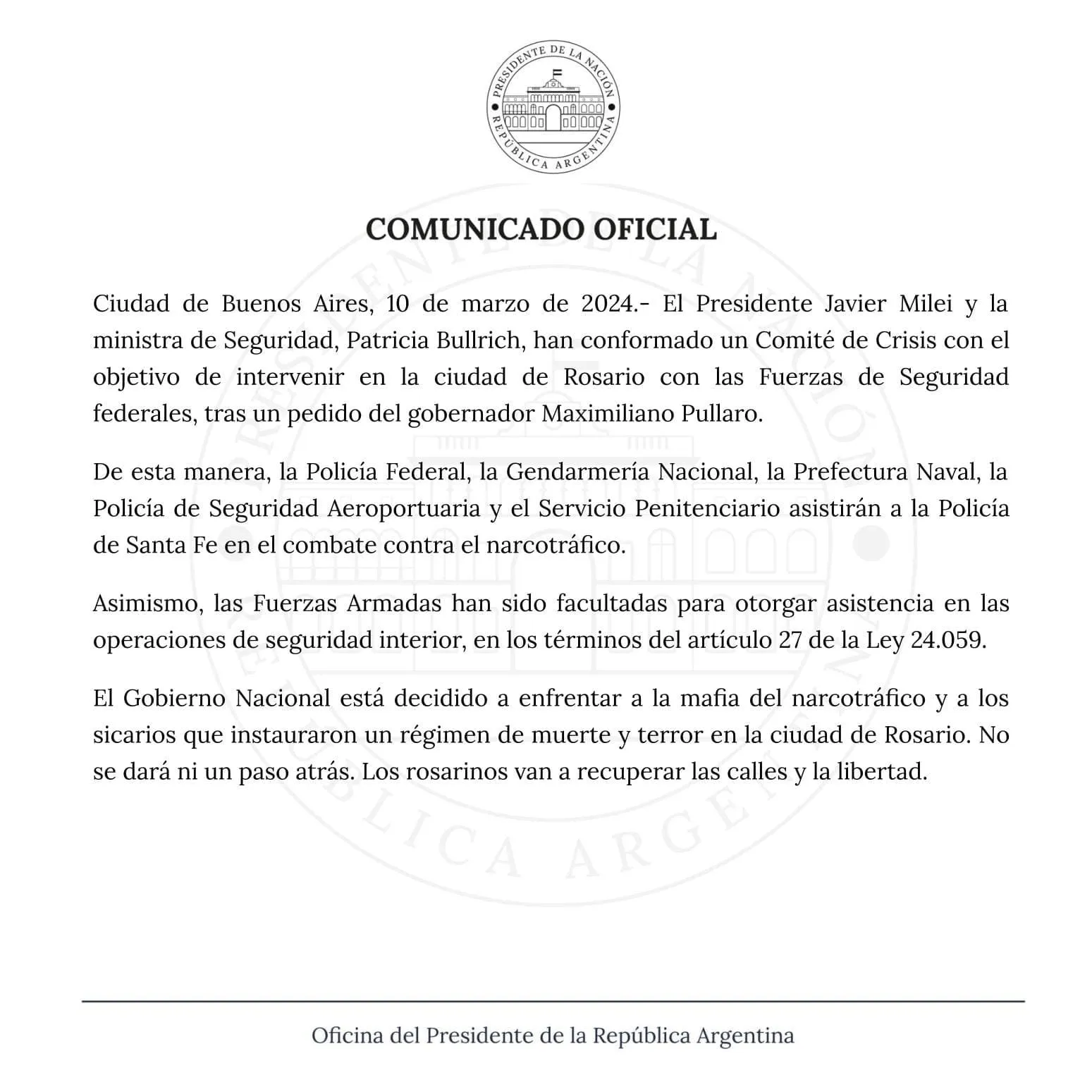 Comunicado oficial de la Oficina Presidencial