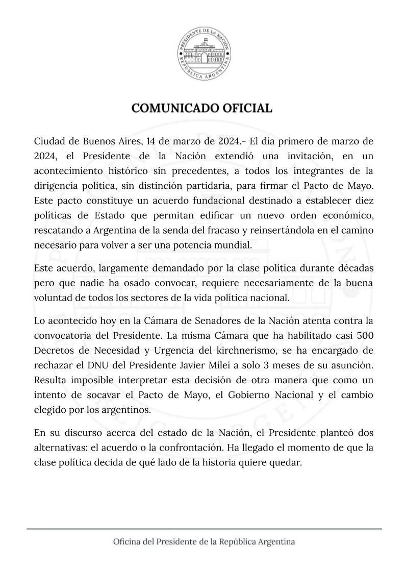 Comunicado oficial emitido por la Oficina del Presidente.