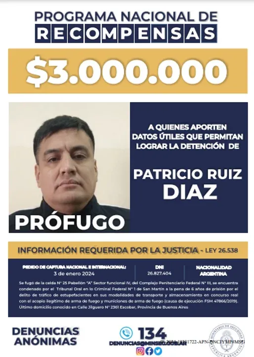 Recompensa ofrecida por el Ministerio de Seguridad.