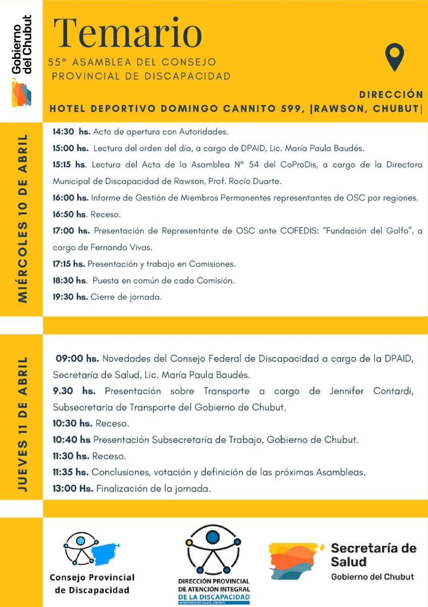 Se realizará la 55° Asamblea del Consejo Provincial de Discapacidad en Rawson