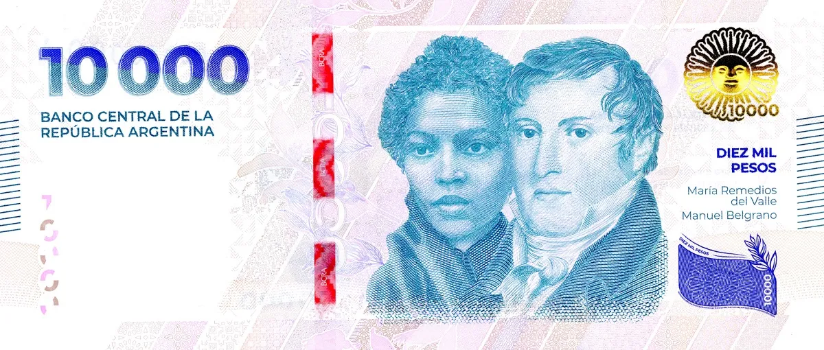 Anverso del billete de $ 10.000 que comenzó su circulación este martes.