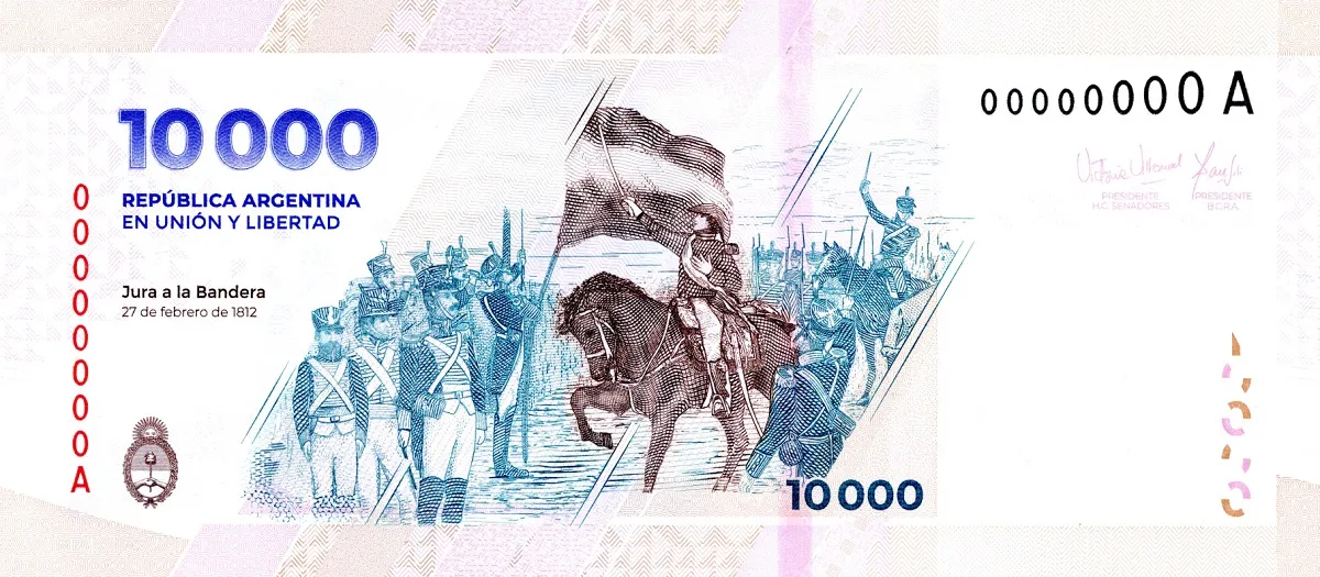 Reverso del billete de $ 10.000 que comenzó su circulación este martes.