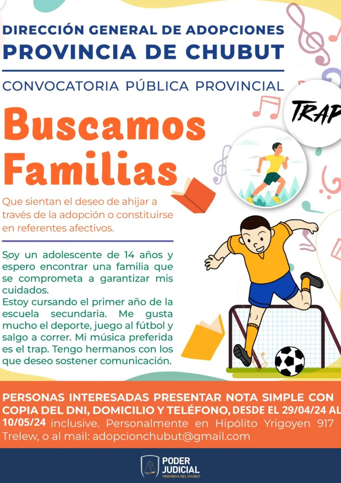 Chubut, adopción, adolescente, familia, Poder Judicial, convocatoria, hogar estable, deporte, música, Trelew