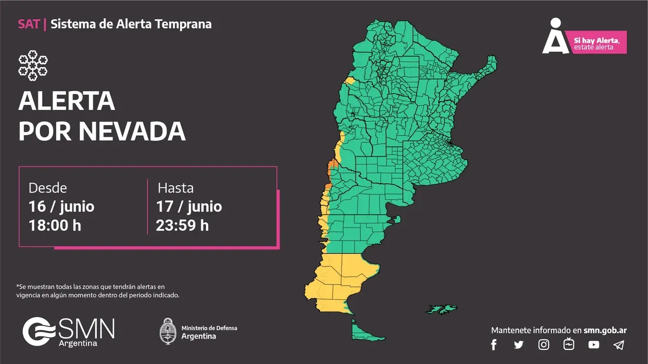 El alerta está vigente para la cordillera de Mendoza, Neuquén, Río Negro, Chubut y toda la provincia de Santa Cruz.