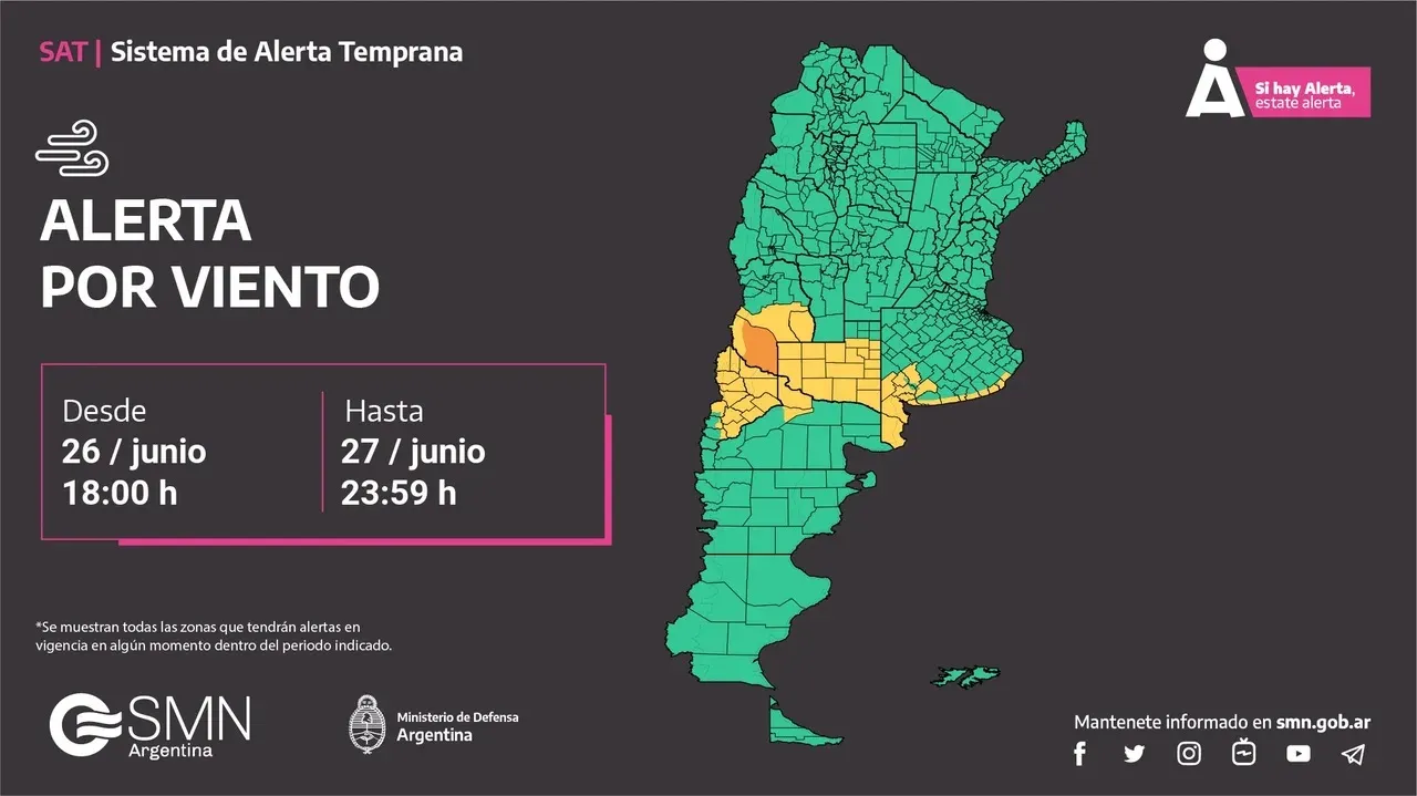 El SMN emitió alertas por vientos fuertes.