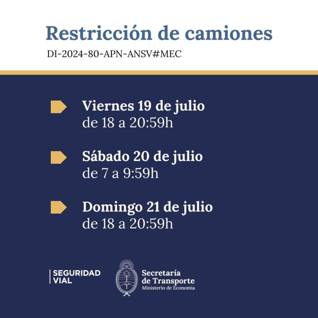 ANSV, restricción de circulación, camiones, rutas nacionales, vacaciones de invierno, seguridad vial, cinturón de seguridad, Sistema de Retención Infantil, conducción segura, casco homologado, velocidad precautoria, no alcohol, evitar teléfono al volante