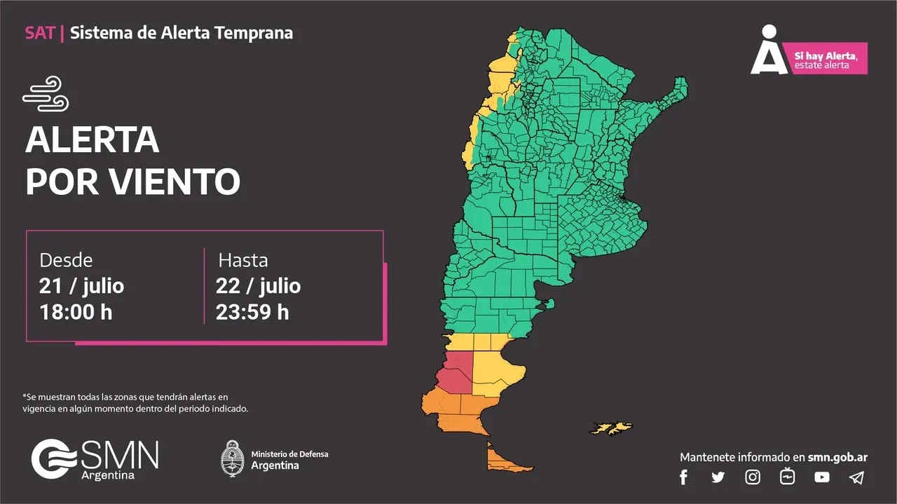 El SMN emitió alertas por vientos fuertes.