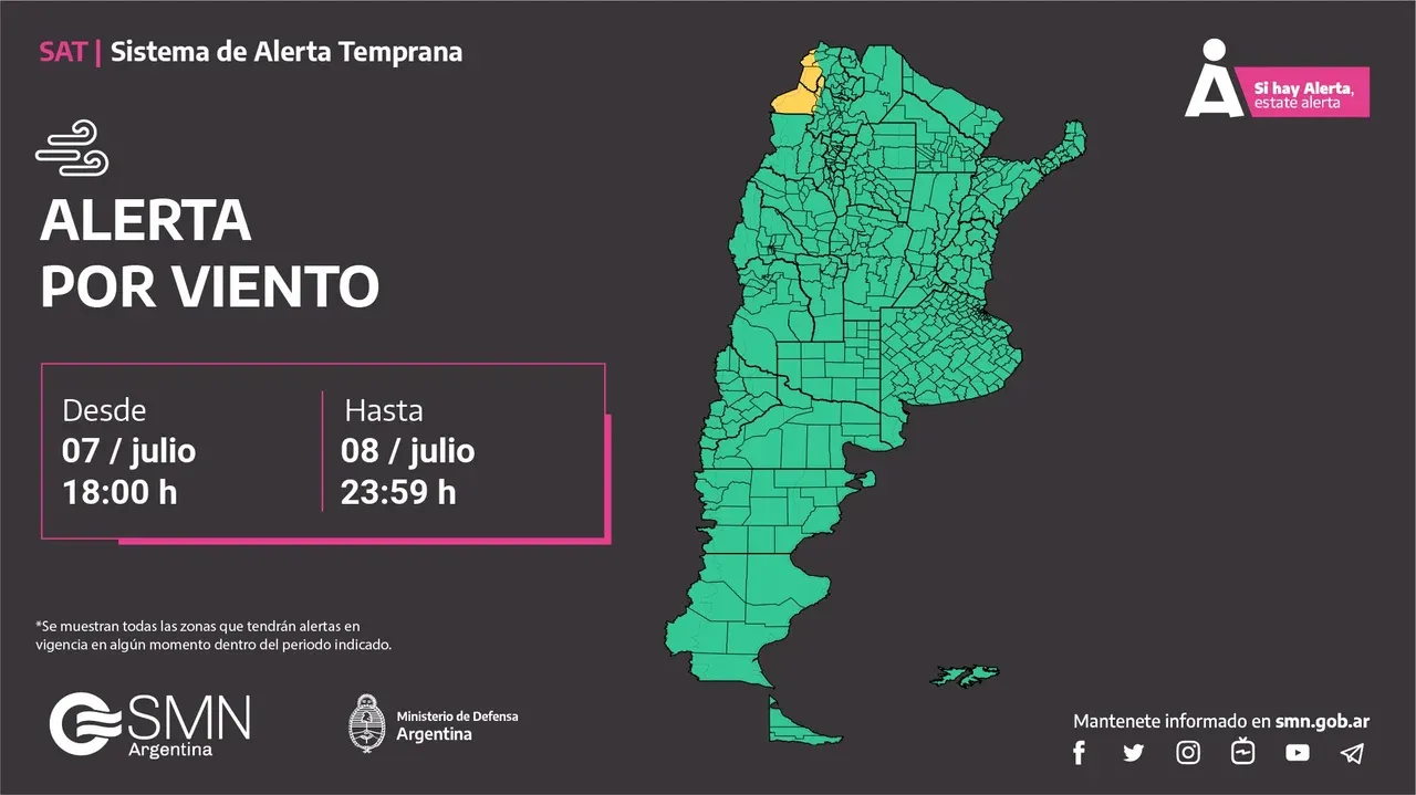 El SMN emitió un alerta por vientos fuertes.