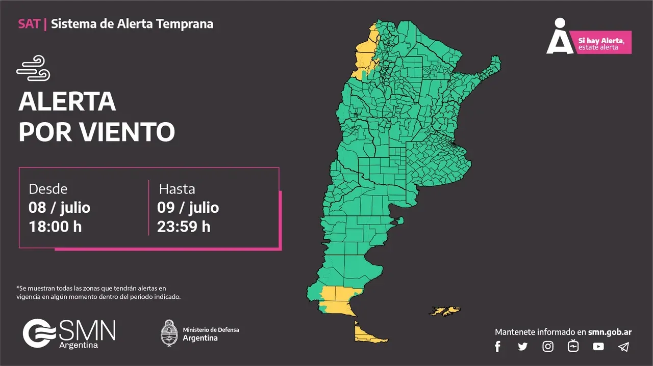 El SMN emitió alertas por vientos fuertes.