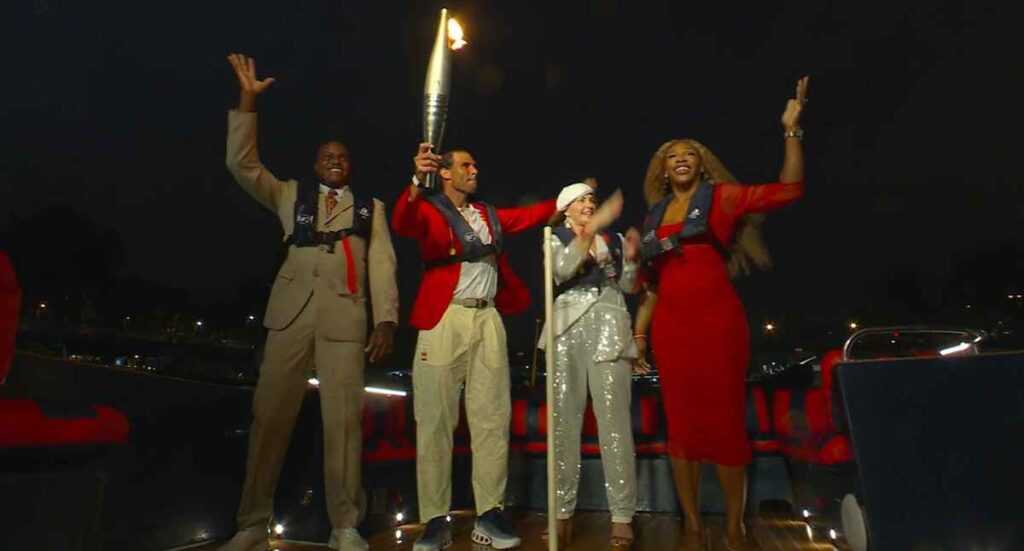 Nadal, Comaneci, Lewis, Williams, Río Sena, París 2024, ceremonia inaugural, antorcha olímpica, globo aerostático, pebetero, Zinedine Zidane, Amélie Mauresmo, leyendas del deporte, Juegos Olímpicos, historia olímpica, tenis, gimnasia, atletismo