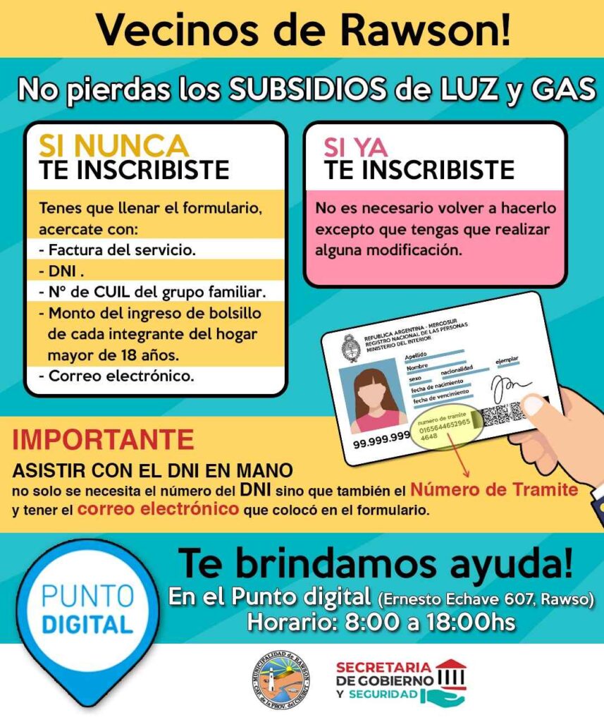 subsidios de energía, subsidios de gas, Rawson, Punto Digital, Marianela Beilacher Canals, inscripciones, servicios esenciales, actualización de datos, apoyo a vecinos, Secretaría de Energía, trámites de subsidios, Ernesto Echave 607, asistencia en Rawson, Modernización Rawson, tarifas de servicios, subsidios 2024