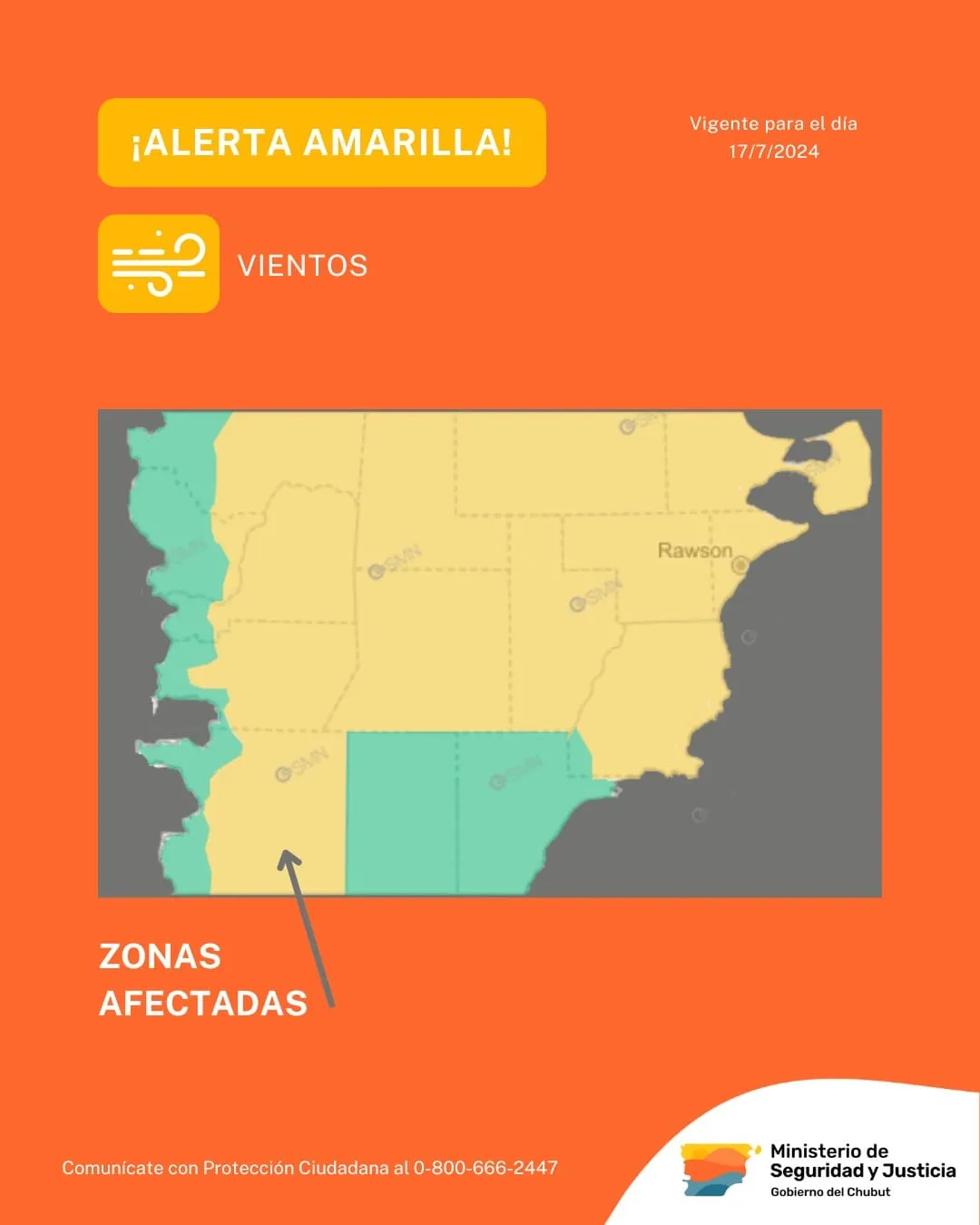 Alerta amarilla, Vientos fuertes, Chubut, Protección Ciudadana, 17 de julio 2024, Seguridad, Ministerio de Seguridad y Justicia, Prevención, Clima adverso, Emergencia, Recomendaciones, Zonas afectadas, Precauciones, Información oficial, Contacto emergencia