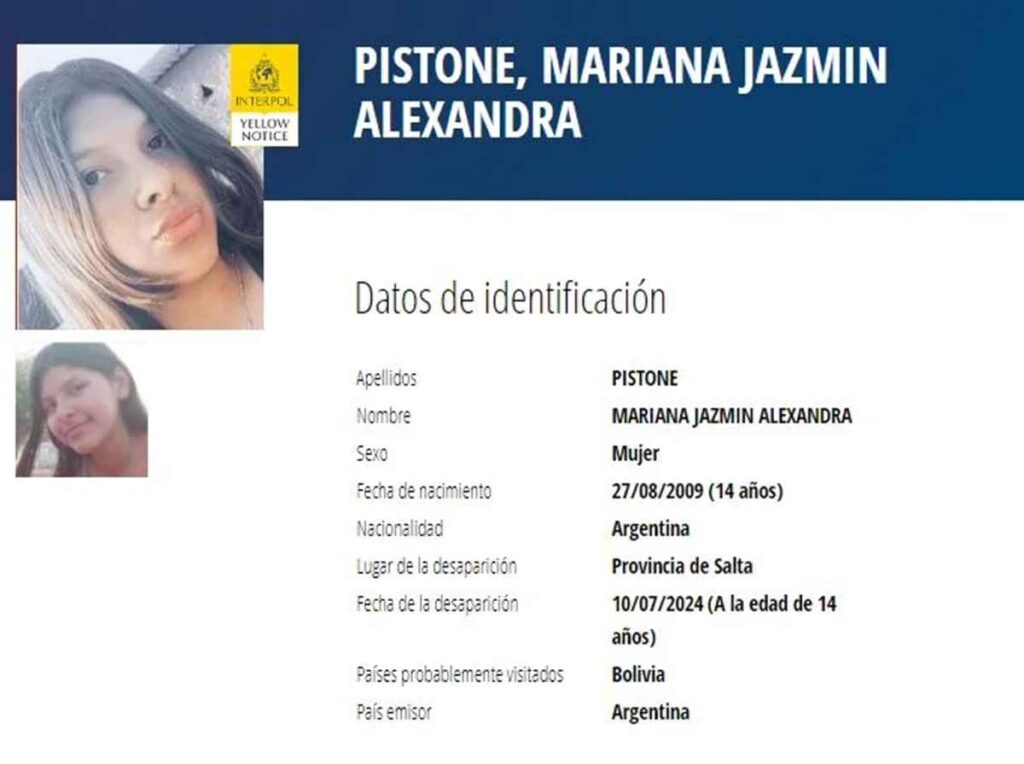 INTERPOL, adolescente desaparecida, alerta amarilla, Salta, Mariana Jazmín Pistone, seguridad pública, desaparición inexplicada, colaboración internacional, frontera Bolivia, Argentina, seguridad ciudadana, emergencia policial.