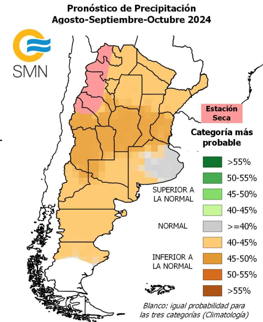 pronóstico climático, Argentina, precipitaciones, temperaturas, trimestre seco, trimestre cálido, impacto agrícola, impacto ganadero, gestión de recursos hídricos, clima, estación seca, NOA, Patagonia, Litoral, Cuyo, Córdoba, Santa Fe, Buenos Aires, La Pampa, sequía, previsión meteorológica, sectores productivos.