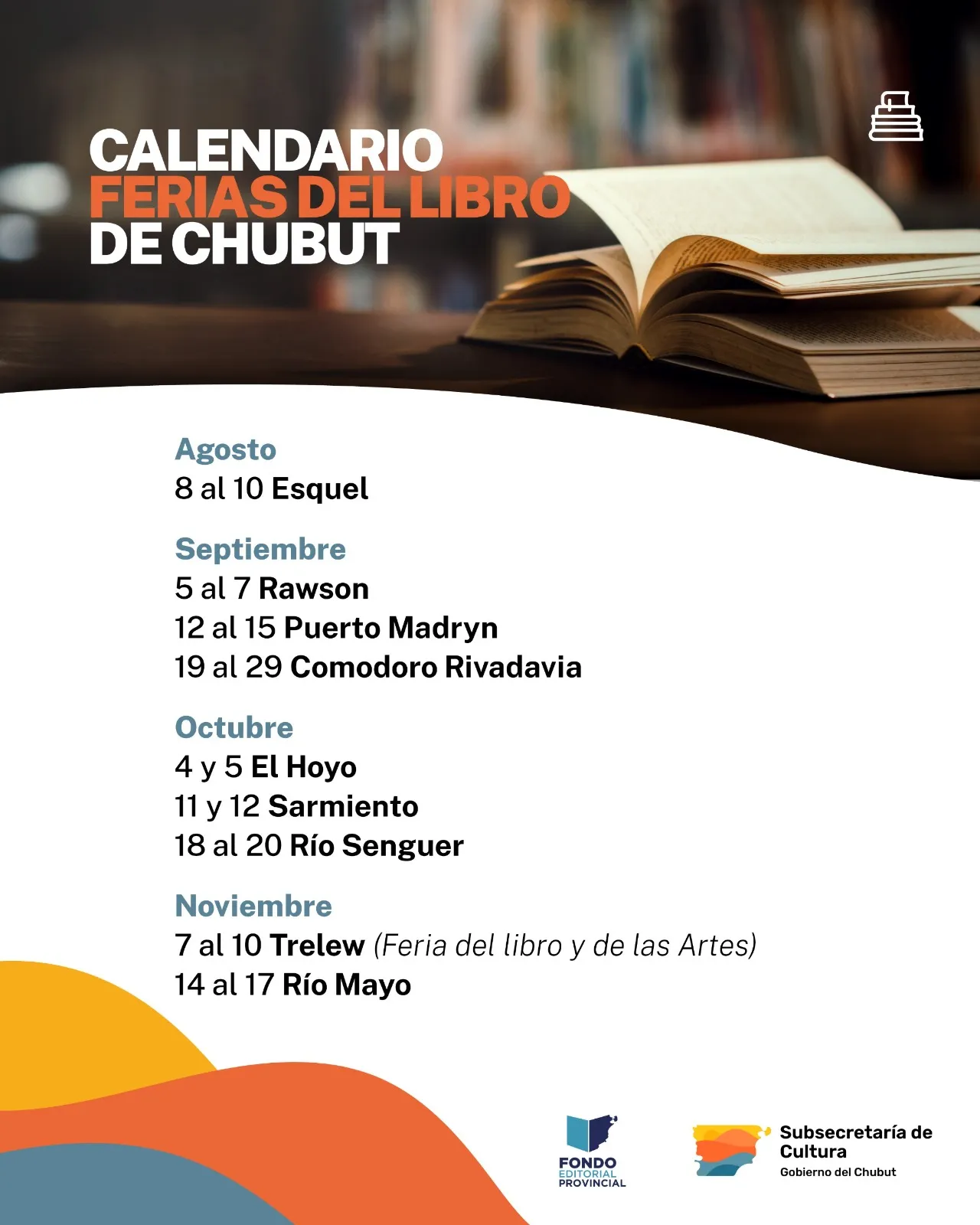 Chubut, Ferias del Libro, calendario 2024, Subsecretaría de Cultura, Esquel, Rawson, Puerto Madryn, Comodoro Rivadavia, lectura en Braille, Ludotecas, eventos literarios, promoción de la lectura, escritores chubutenses, Margarita Sacks, Viviana Aylef