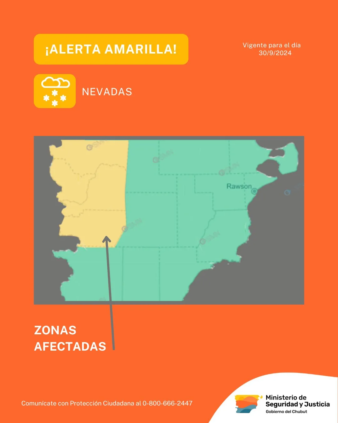 alerta amarilla, nevadas en Chubut, Cordillera de Chubut, Meseta de Chubut, acumulación de nieve, Servicio Meteorológico Nacional, Ministerio de Seguridad y Justicia, Subsecretaría de Protección Ciudadana, contingencia climática, zonas afectadas por nevadas, clima en septiembre, rutas nevadas, precauciones por nevadas, pronóstico nevadas, alertas meteorológicas Chubut