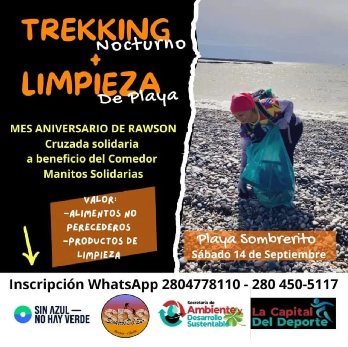 Rawson, Senderos del Sur, Sinazuno Hay Verde, trekking nocturno, limpieza de costas, turismo ecológico, solidaridad, alimentación, comedor local, Claudia Thomas, Gastón Williams, deporte, actividad física, medio ambiente, municipalidad de Rawson, recolección de alimentos