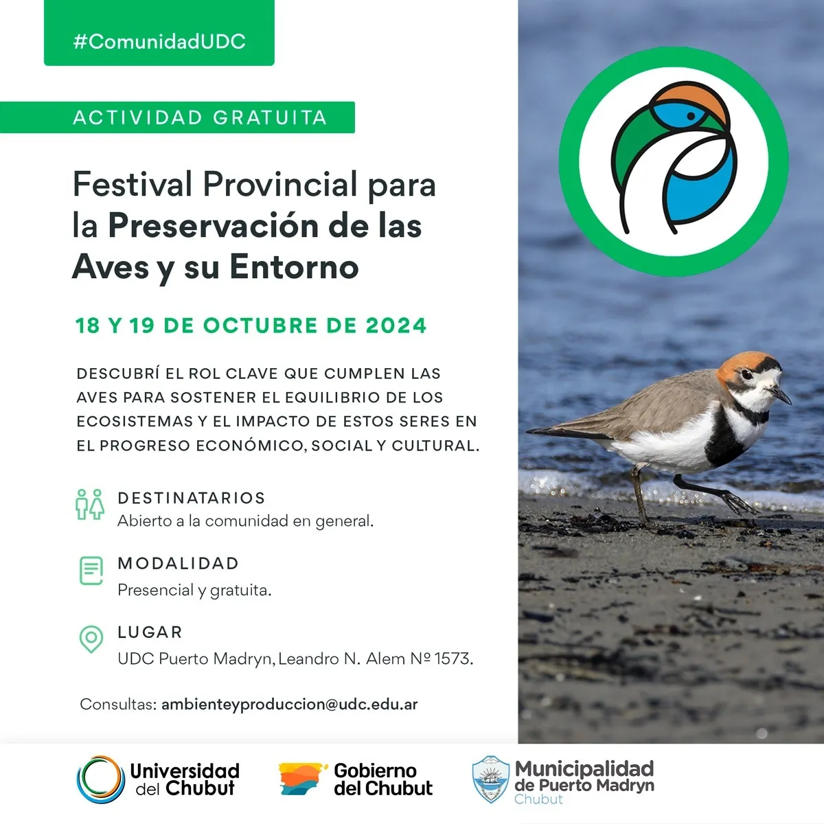 Festival de aves, Conservación de aves, Turismo en Puerto Madryn, Biodiversidad Chubut, Ignacio Torres, Turismo de naturaleza, Universidad del Chubut, Observación de aves, Ecología en Puerto Madryn, Protección ambiental, Plan Nacional de Aves Playeras, Aves silvestres Chubut, Turismo sostenible, Educación ambiental, Cambio climático Chubut