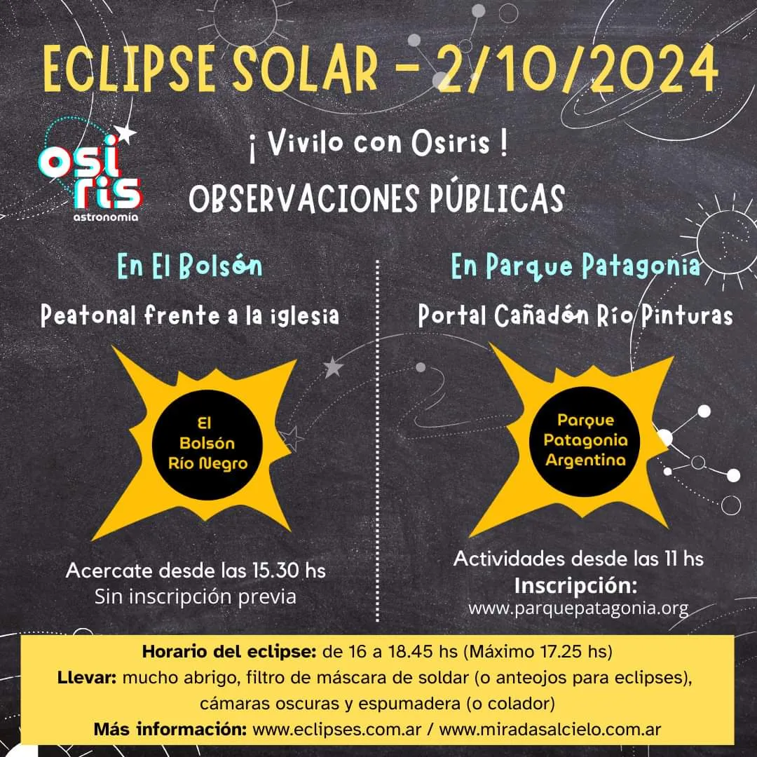 eclipse anular, Grupo Astronómico Osiris, Diego Galperín, observación astronómica, Santa Cruz, Perito Moreno, Parque Patagonia, protección ocular, eclipse solar, recomendaciones eclipse, eventos astronómicos, astronomía en Argentina, Cueva de las Manos, Trelew, El Bolsón