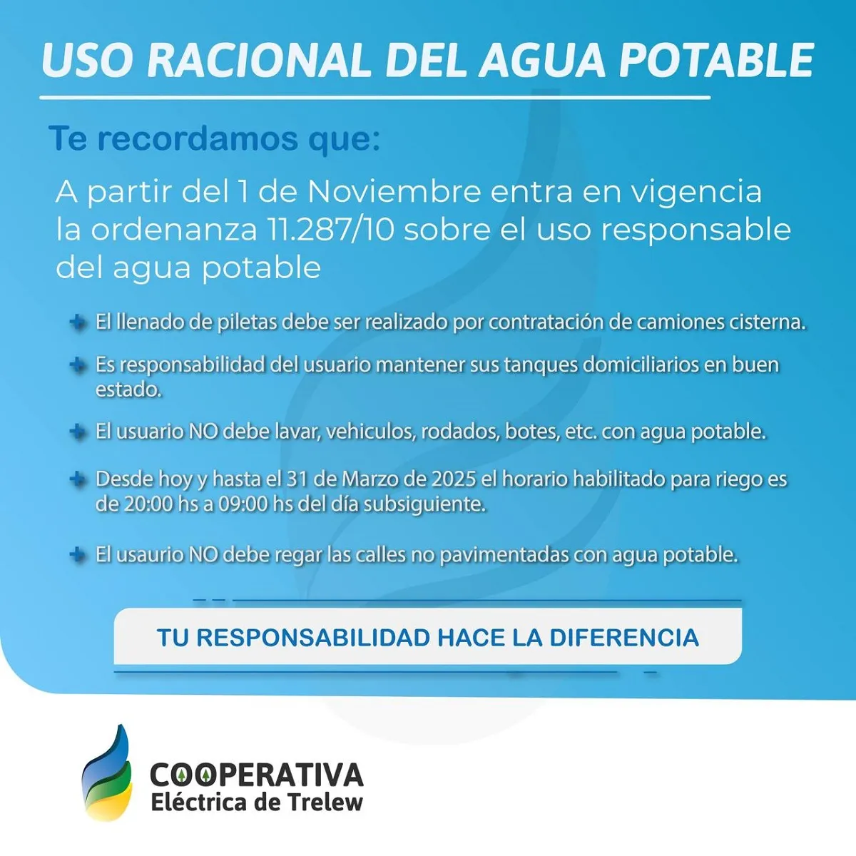 uso racional del agua, Trelew, verano 2024, Cooperativa Eléctrica Trelew, ordenanza 11287/10, sostenibilidad agua, agua potable, conservación de agua, normativa de agua, piscinas Trelew, riego jardines, limpieza vehículos, temporada estival, ahorro de agua, consumo responsable, restricciones de agua