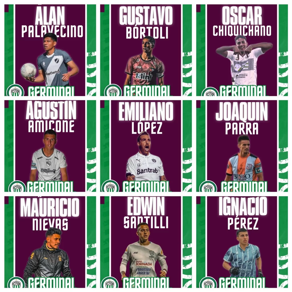 refuerzos Germinal, Torneo Federal A, fichajes, Mauricio Nievas, Joaquín Barro, Alan Palavecino, Agustín Amicone, Oscar Chiquichano, Ignacio Pérez, Joaquín Parra, Gustavo Bórtoli, Emiliano López, Edwin Santilli, Germinal 2025, Deportivo Madryn