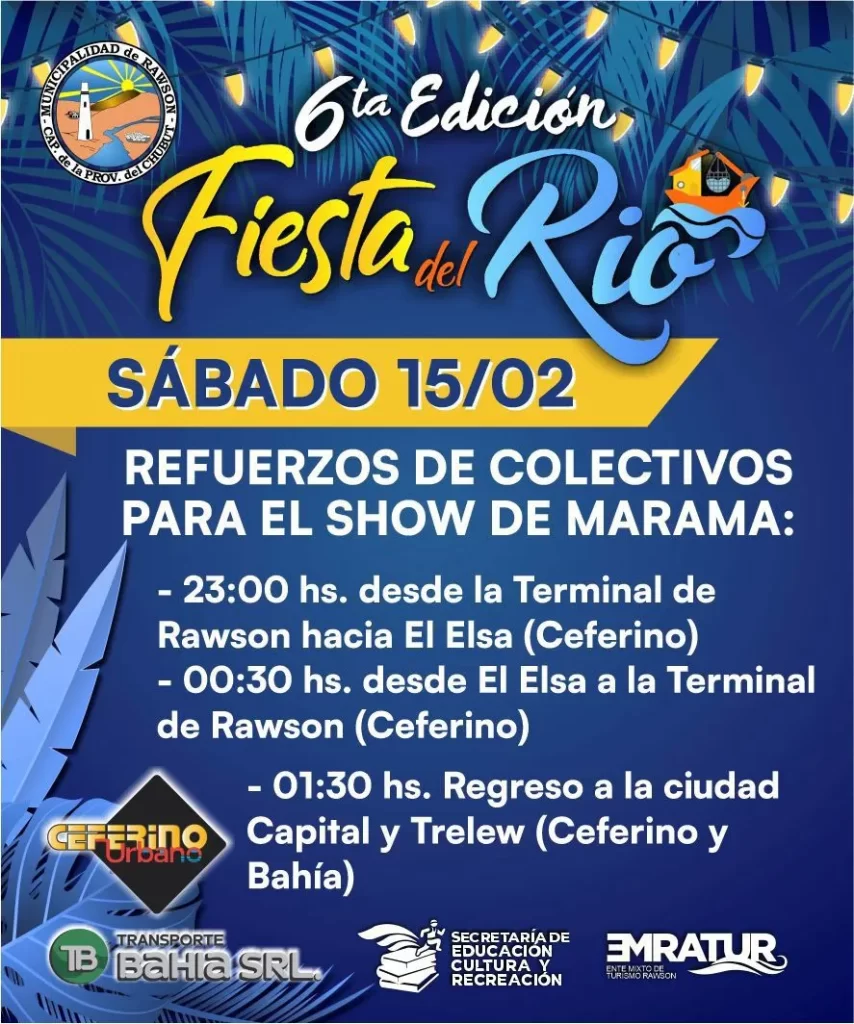 transporte público, Fiesta del Río, Rawson, seguridad, transporte especial, horario extendido, evento familiar, El Elsa, Sabor Canela, servicio de colectivo, Agencia de Seguridad Vial, Tránsito Municipal, estacionamiento, prevención, Rawson 2025, seguridad vial.