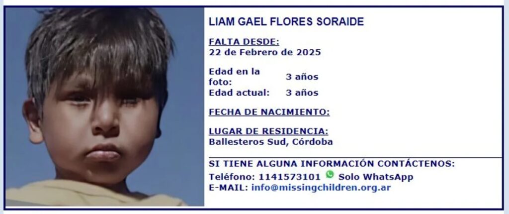 Lian Gael, Córdoba, desaparición, búsqueda de niño, Ballesteros Sud, Ejército Argentino, Missing Children, camioneta blanca, rastrillaje, Ministerio de Seguridad, investigación, Juan Manuel Delgado, operativo policial, alerta nacional, noticias de Córdoba.
