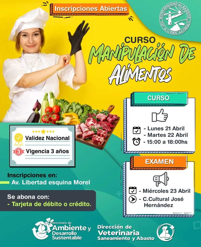 Rawson, Curso de Manipulación de Alimentos, inscripción abierta, carnet de manipulación, alimentos, salud pública, capacitación, inocuidad alimentaria, prevención enfermedades, higiene alimentaria, Saneamiento y Abasto, enfermedades transmitidas por alimentos, Centro Cultural José Hernández, formación en alimentos, Rawson capacitaciones
