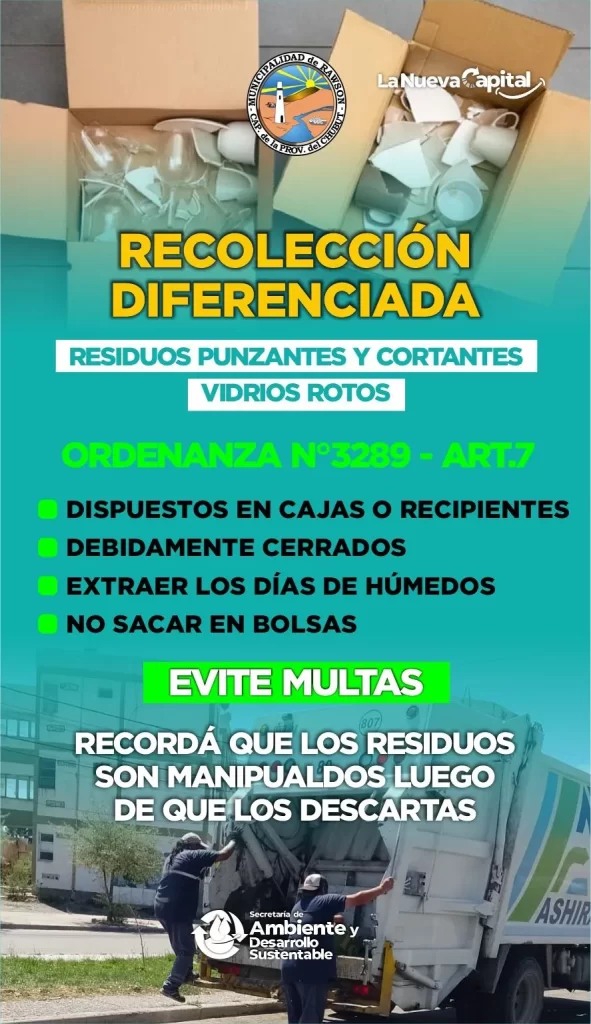 residuos peligrosos Rawson, recolección diferenciada Rawson, campaña residuos Rawson, residuos punzantes jeringas, accidentes coleros Rawson, basura segura Rawson, reciclaje y seguridad, concientización ambiental Rawson, normativa residuos Rawson, Miguel Larrauri ambiente, municipio Rawson limpieza, disposición residuos peligrosos, jeringas en residuos, residuos cortantes Rawson, ordenanza 3289 Rawson
