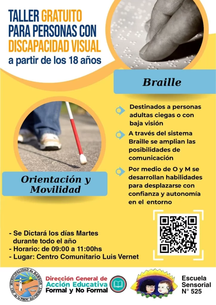 Rawson ofrece un taller gratuito de braille orientación y movilidad para personas con discapacidad visual mayores de 18 años con inscripción abierta todo el año. Etiquetas: Rawson, taller braille, discapacidad visual, inclusión social, orientación y movilidad, braille, personas con baja visión, autonomía, política pública inclusiva, Escuela Especial Sensorial 525, curso gratuito, integración, accesibilidad, formación para ciegos, educación inclusiva