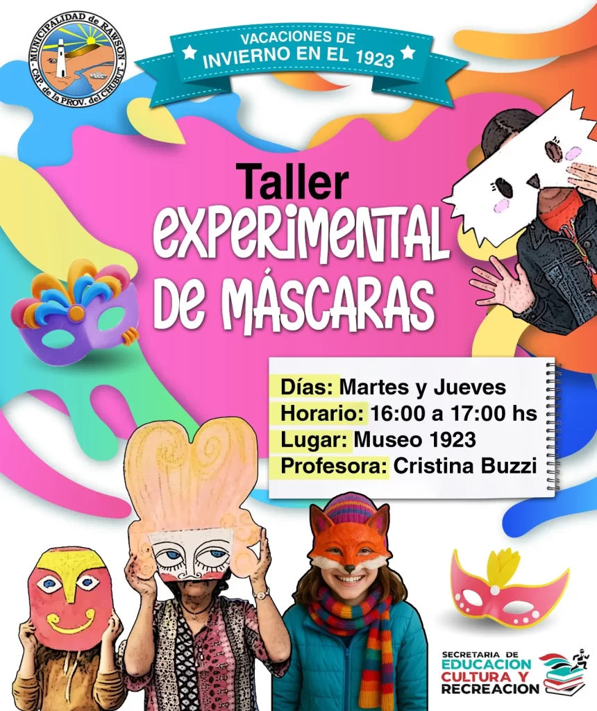 talleres para niños Rawson, vacaciones de invierno Rawson, talleres artísticos Playa Unión, Museo 1923 Rawson, actividades infantiles invierno, arte en Rawson para niños, taller pintura con relieve, taller máscaras infantiles, cultura Rawson invierno, propuestas culturales Rawson, Patricia Lorenzo Rawson, creatividad infantil Rawson, arte y emociones en niños, Municipio de Rawson actividades, recreación invierno Playa Unión