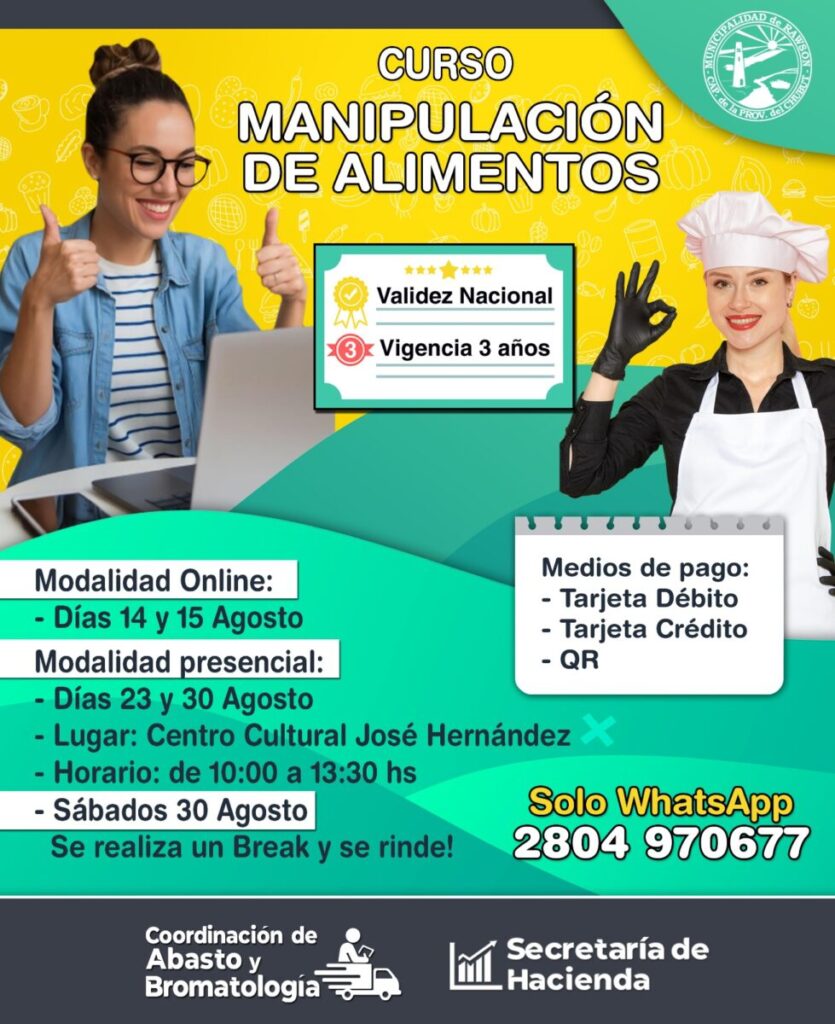 Rawson,curso de manipulación de alimentos,salud pública,formación continua,prevención sanitaria,bromatología,abasto municipal,capacitación alimentaria,seguridad alimentaria,certificación nacional,modalidad bimodal,capacitación Rawson,Centro Cultural José Hernández,ADER Rawson,salud comunitaria