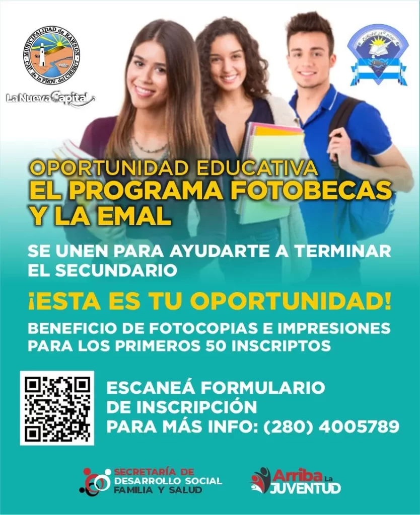 Rawson, programa Fotobecas Rawson, EMAL Rawson, impresiones gratuitas, fotocopias gratuitas, finalización de secundaria, inclusión educativa, Jonathan Biss, Luis Walker, Coordinación de Juventud Rawson, becas estudiantiles, oportunidades educativas, educación municipal, igualdad de oportunidades, apoyo escolar Rawson