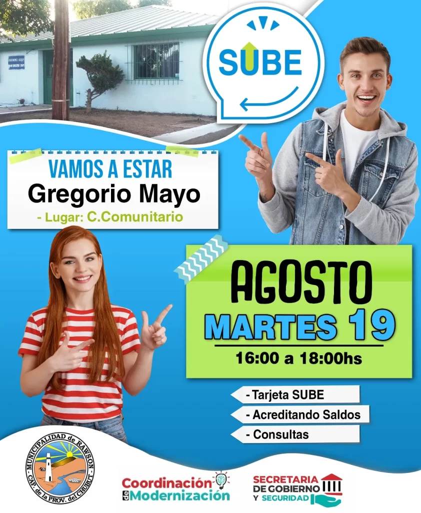 agentes SUBE Rawson atención itinerante, SUBE Rawson operativos móviles, Municipalidad de Rawson SUBE, servicio SUBE en barrios Rawson, trámites SUBE Rawson, emisión tarjeta SUBE Rawson, carga SUBE Rawson, acreditación saldo SUBE Rawson, Club Social Deportivo Roca Rawson, Centro Comunitario Gregorio Mayo, atención personalizada SUBE Rawson, transporte público Rawson, vecinos de Rawson SUBE, modernización Rawson SUBE, operativo SUBE Rawson