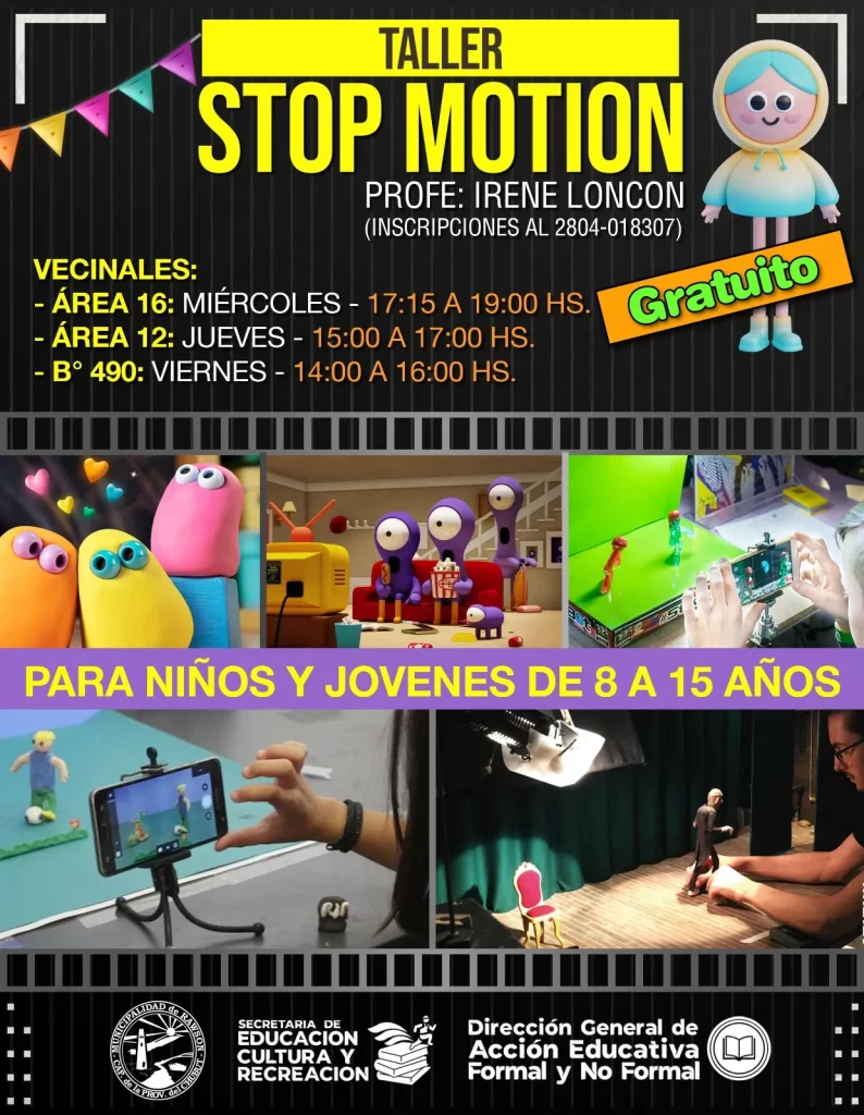 Rawson, talleres culturales Rawson, educación municipal, actividades gratuitas, Stop Motion Rawson, costura de lencería, formación laboral, barrio 490 Viviendas, barrio General Valle, cultura y educación, Gabriela Locaso, Irene Loncon, Carla Ridolfi, oportunidades de capacitación, agenda cultural Rawson