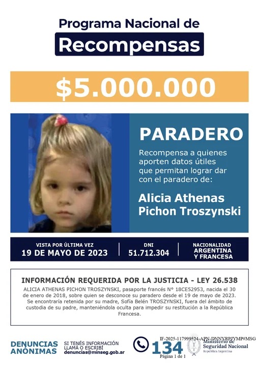 niña secuestrada, recompensa, Alicia Athenas Pichon Troszynski, Sofía Belén Troszynski, Ministerio de Seguridad, alerta amarilla, Interpol, orden de captura, sustracción de menores, búsqueda internacional, Boletín Oficial, justicia argentina, paradero de menor, Programa Nacional de Recompensas, noticias Argentina