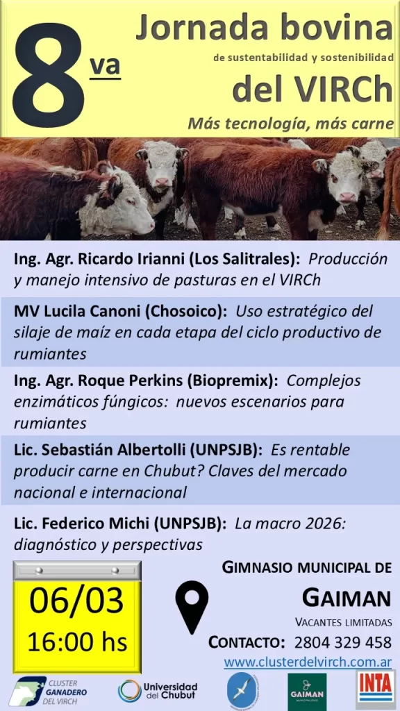 Jornada Bovina, Cluster Ganadero del VIRCh, Gaiman, Valle Inferior del Río Chubut, VIRCh, ganadería, productores rurales, sector bovino, evento agropecuario, Chubut, capacitación técnica, desarrollo regional, campo argentino, Gimnasio Municipal de Gaiman, producción ganadera